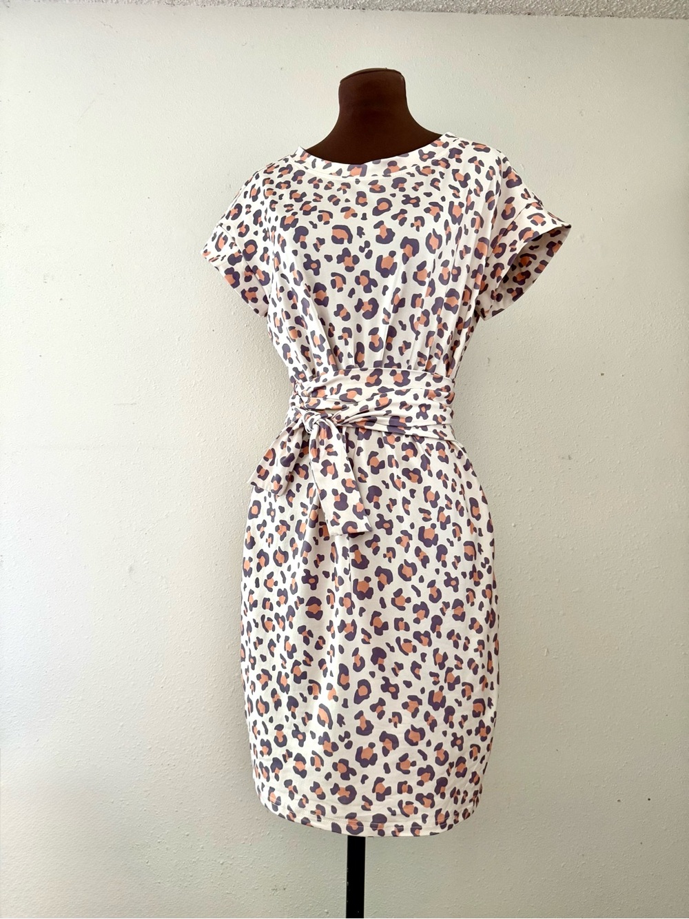 Leopard-Print Tie-Waist Midi Dress in Cream and Brown